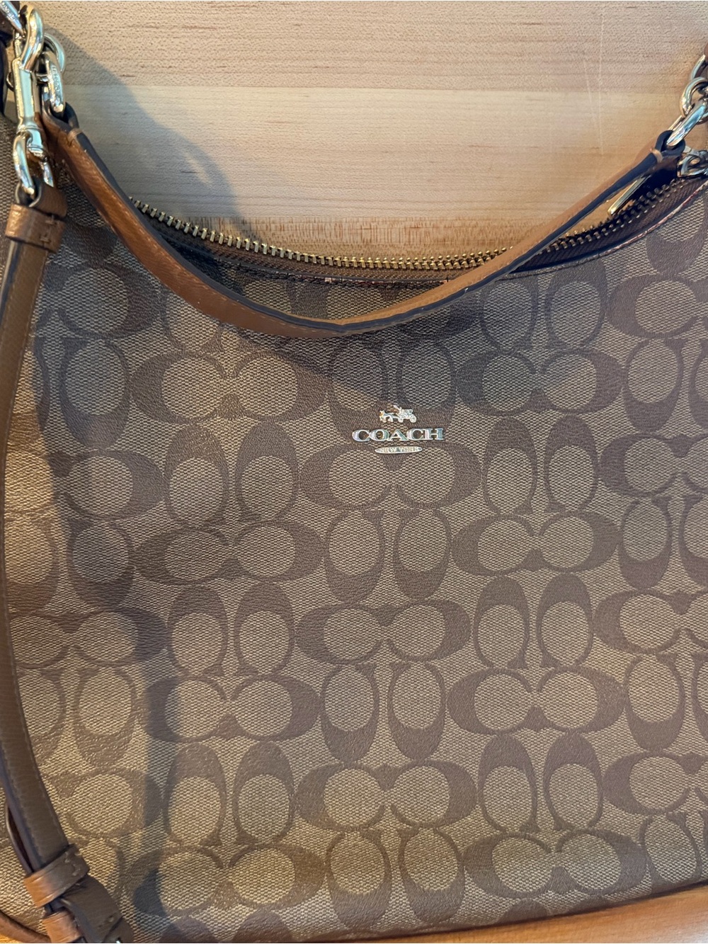 Coach Brown Logo Signature Canvas Shoulder Bag with Leather Trim